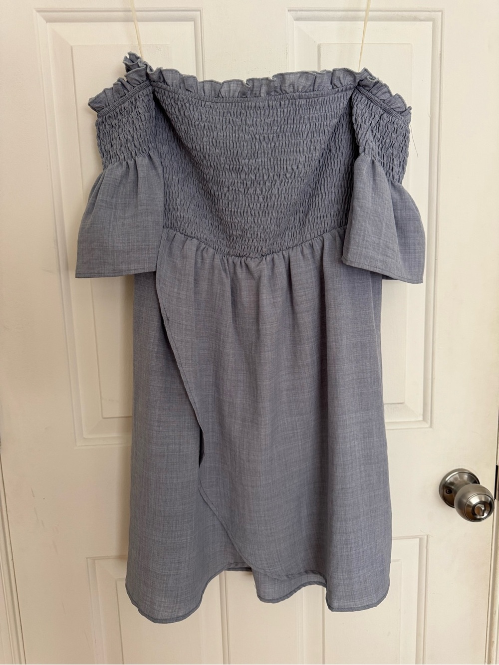 Listicle Smocked Off-Shoulder Dress in Light Blue